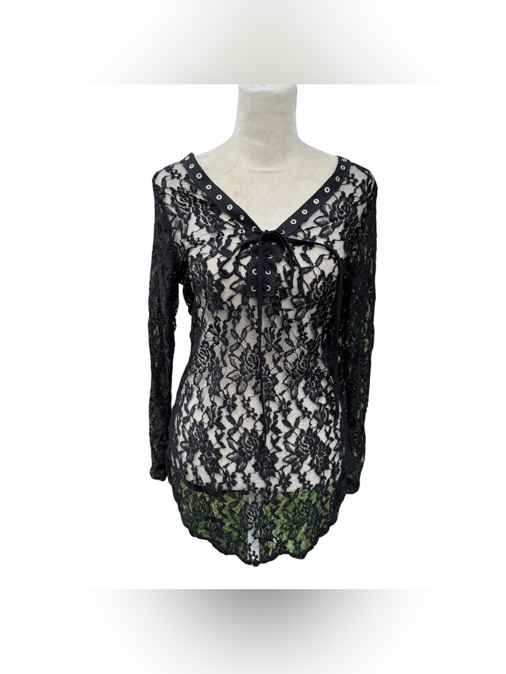 Cleo Black Floral Lace Lacing Eyelet Alternative Goth Long Sleeve Top Blouse